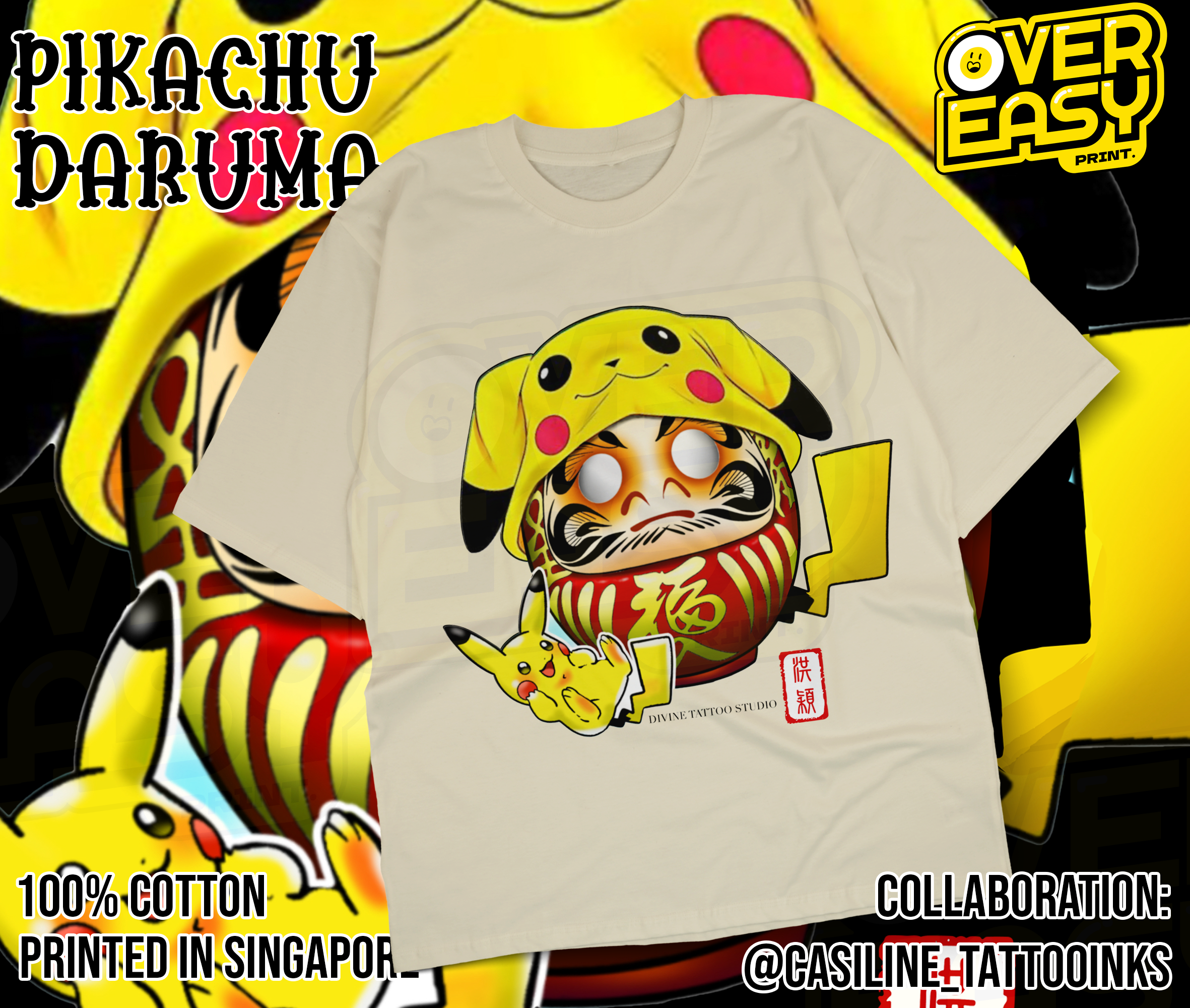 Collab - Pikachu Daruma Fanart T-Shirt (@casiline_tattooinks)